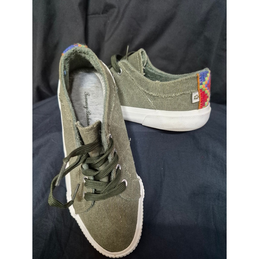 Tommy Bahama Womens Olive Green Canvas Sneakers Embroidered Heel Low Top Shoes